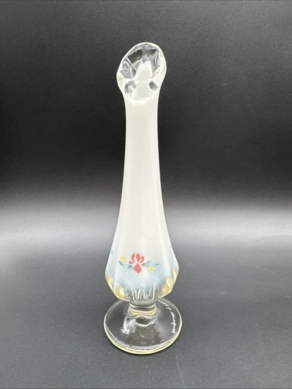 VTG Fenton Glass Opalescent Country Garden Cottage Floral Swung Bud Vase Signed